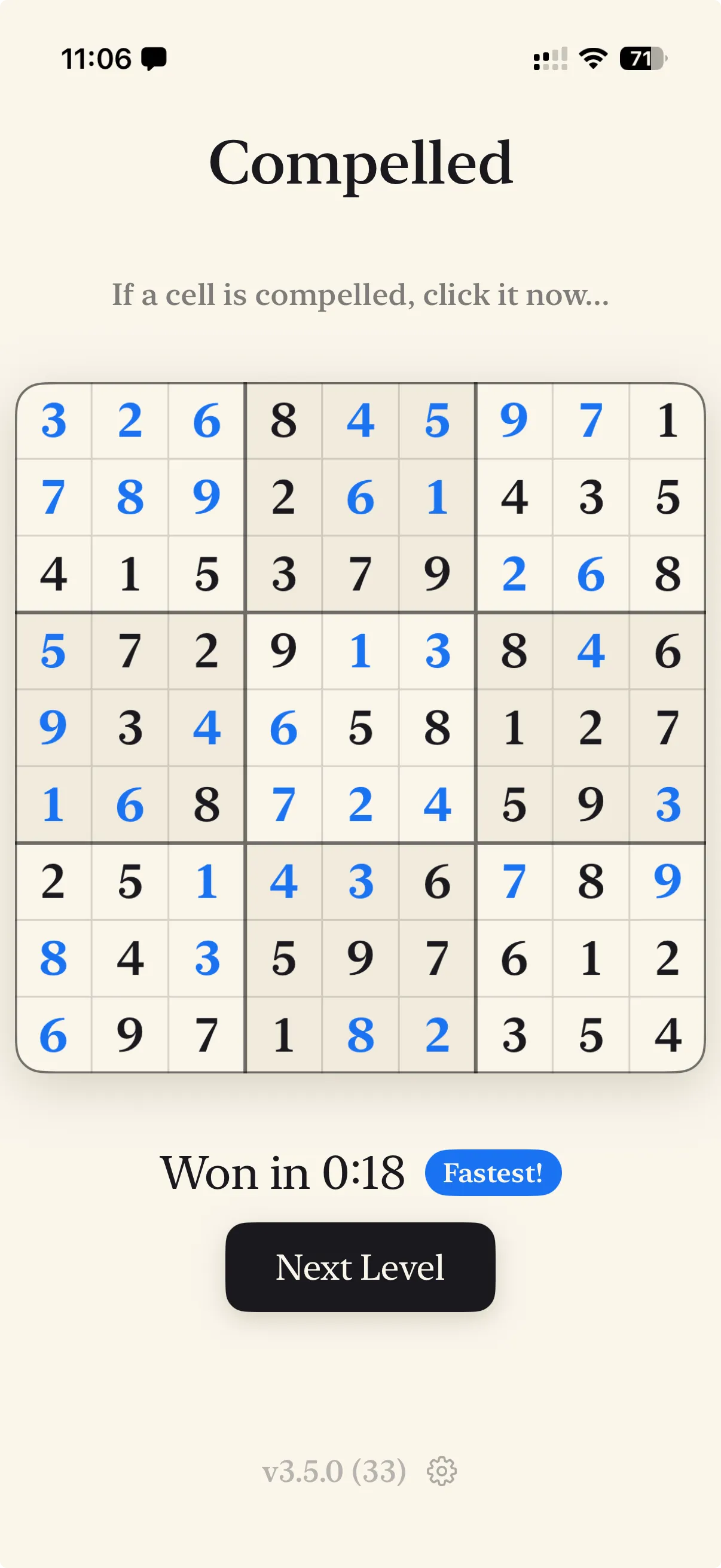 A finished Compelled grid on an iPhone. The digits the player claimed are blue, the starting digits black, and the game reports the run was won in eighteen seconds.